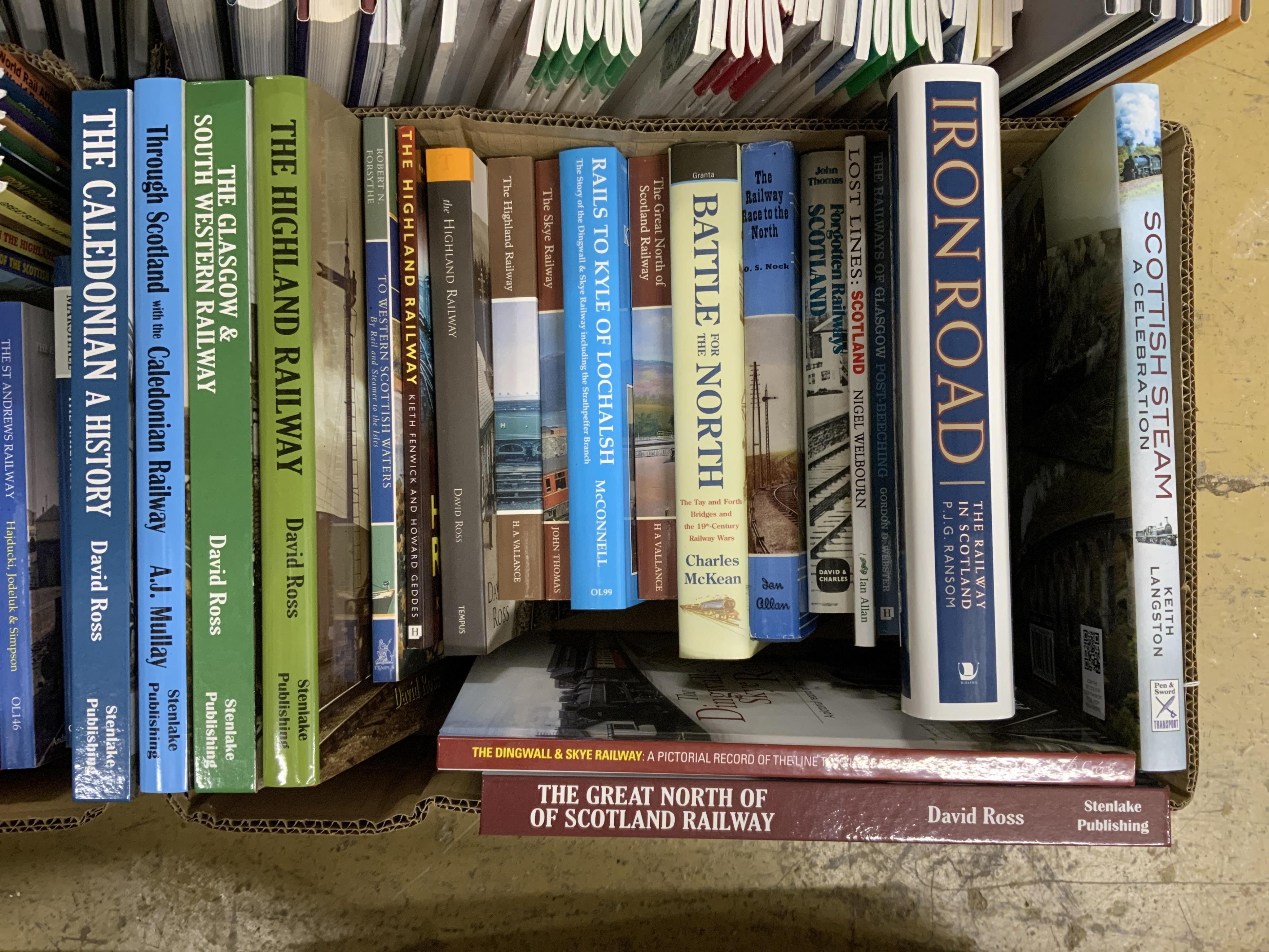 Eight boxes of railway related books, subjects include; Scottish steam, diesel locomotives, electric locomotives, Great Western Railway locomotives, Union Pacific locomotives, Bradshaw’s guides, etc. publishers include;